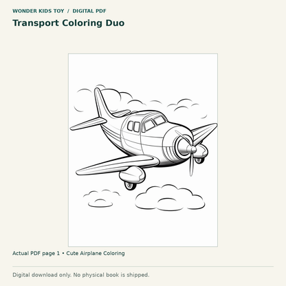 Transport Coloring Duo: actual page 1 from Cute Airplane Coloring. Digital only; no physical book.