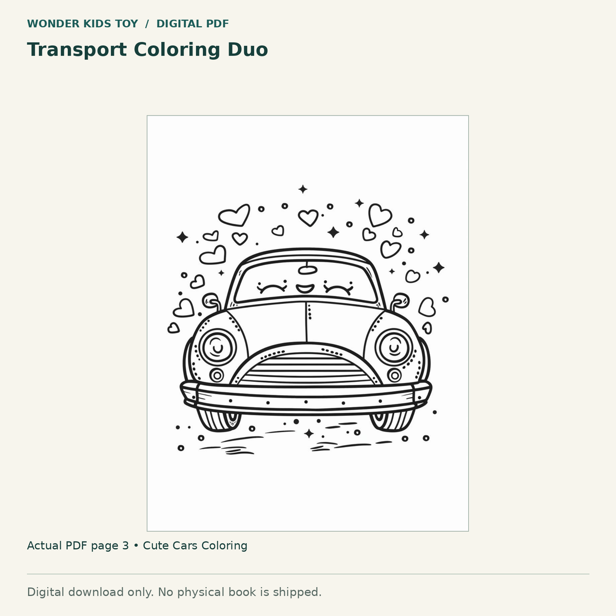 Transport Coloring Duo: actual page 3 from Cute Cars Coloring. Digital only; no physical book.