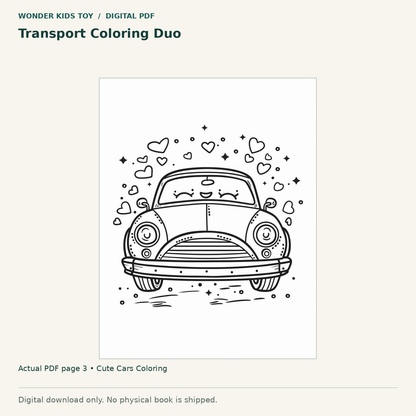 Transport Coloring Duo: actual page 3 from Cute Cars Coloring. Digital only; no physical book.