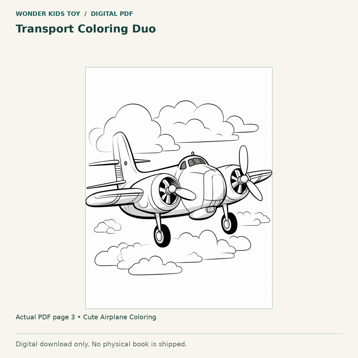 Transport Coloring Duo: actual page 3 from Cute Airplane Coloring. Digital only; no physical book.