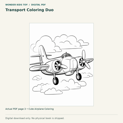 Transport Coloring Duo: actual page 3 from Cute Airplane Coloring. Digital only; no physical book.