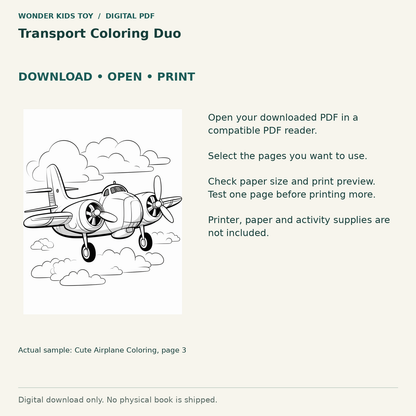 Transport Coloring Duo: Download, open and print guidance with an actual PDF page preview. Digital only; no physical book.