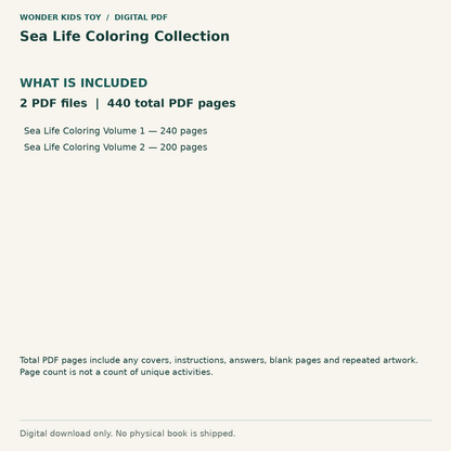 Sea Life Coloring Collection: Contents: 2 PDF files, 440 total PDF pages. Digital only; no physical book.
