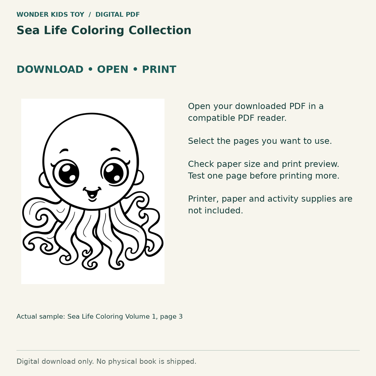 Sea Life Coloring Collection: Download, open and print guidance with an actual PDF page preview. Digital only; no physical book.