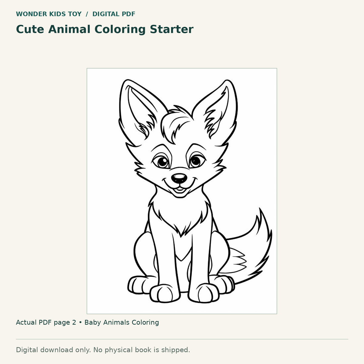 Cute Animal Coloring Starter: actual page 2 from Baby Animals Coloring. Digital only; no physical book.