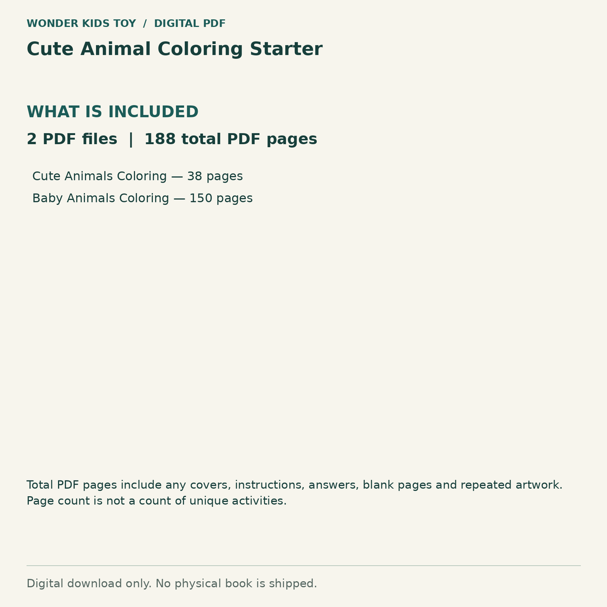 Cute Animal Coloring Starter: Contents: 2 PDF files, 188 total PDF pages. Digital only; no physical book.