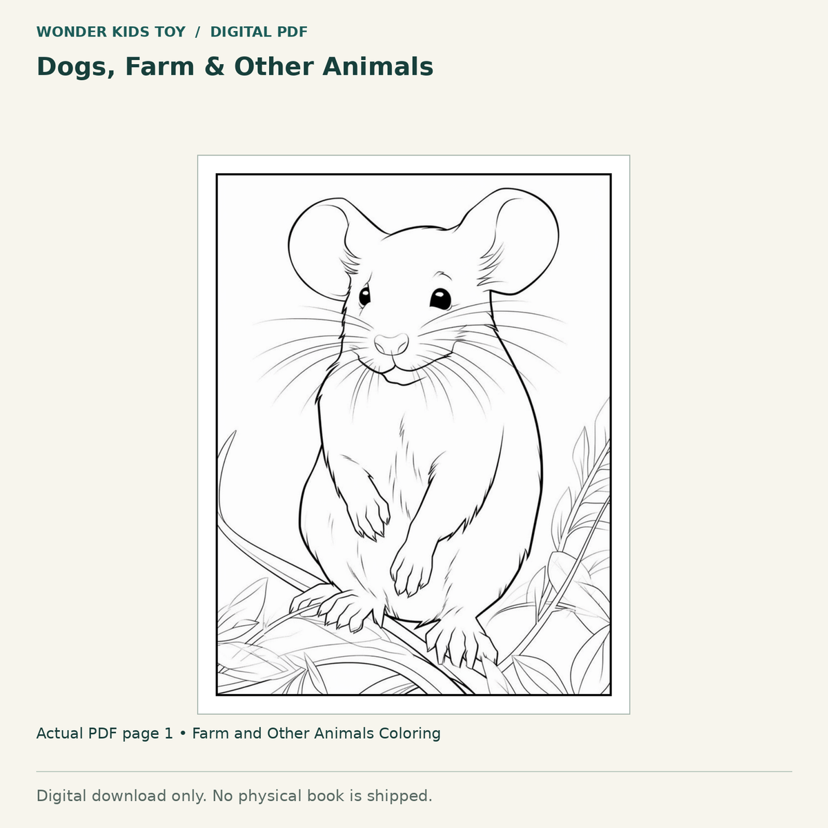 Dogs, Farm & Other Animals: actual page 1 from Farm and Other Animals Coloring. Digital only; no physical book.