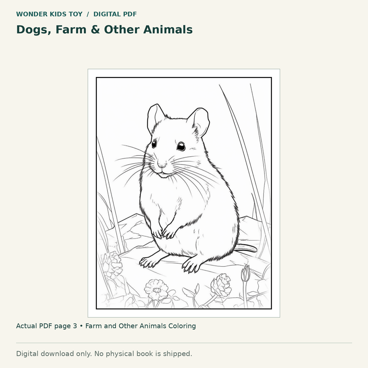 Dogs, Farm & Other Animals: actual page 3 from Farm and Other Animals Coloring. Digital only; no physical book.