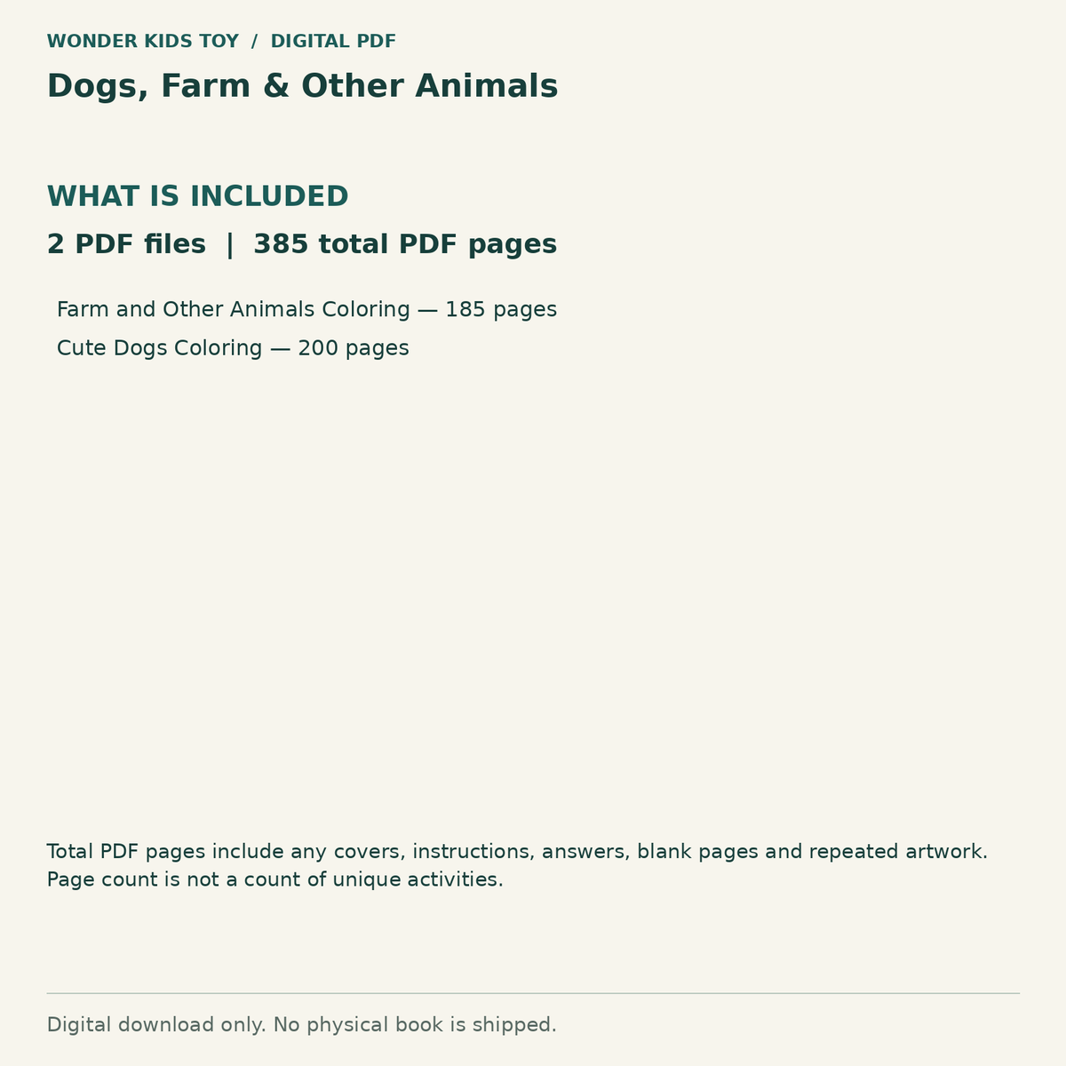 Dogs, Farm & Other Animals: Contents: 2 PDF files, 385 total PDF pages. Digital only; no physical book.