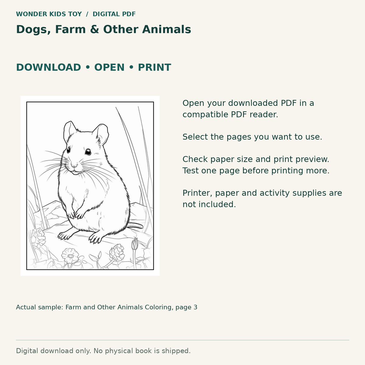 Dogs, Farm & Other Animals: Download, open and print guidance with an actual PDF page preview. Digital only; no physical book.