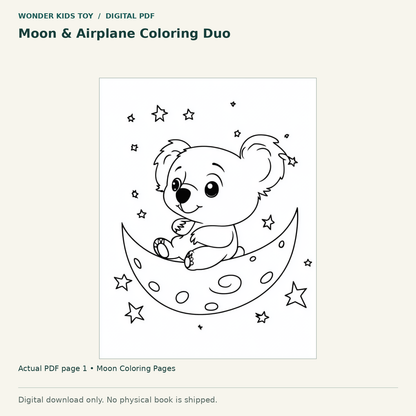 Moon & Airplane Coloring Duo: actual page 1 from Moon Coloring Pages. Digital only; no physical book.