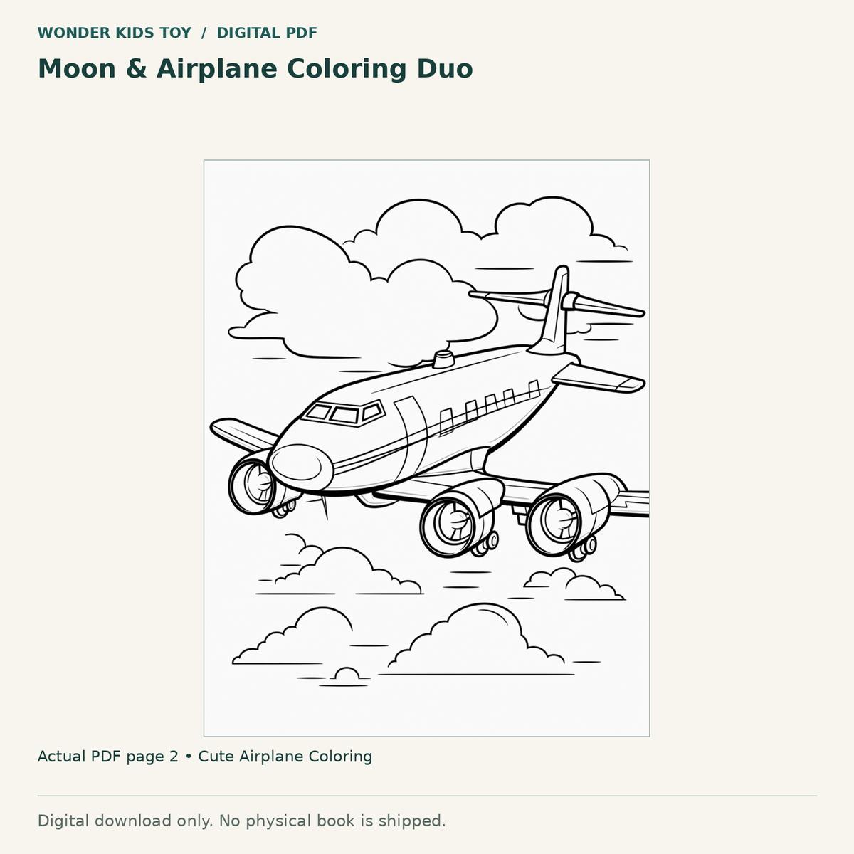 Moon & Airplane Coloring Duo: actual page 2 from Cute Airplane Coloring. Digital only; no physical book.