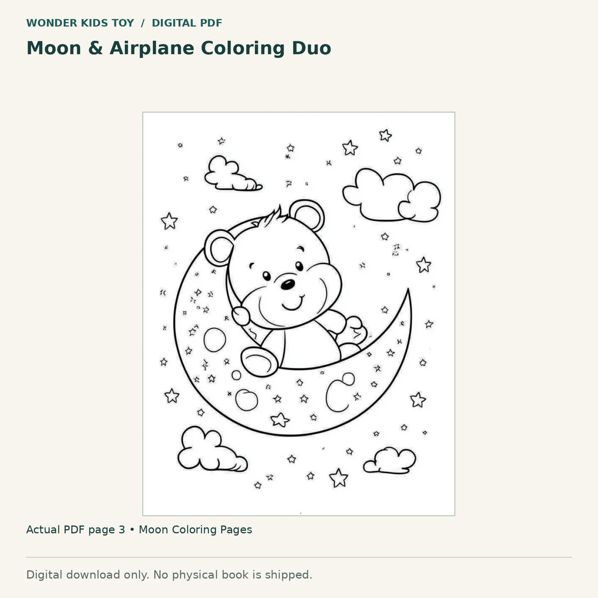 Moon & Airplane Coloring Duo: actual page 3 from Moon Coloring Pages. Digital only; no physical book.