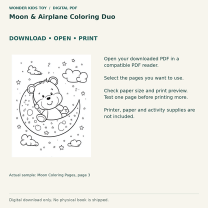Moon & Airplane Coloring Duo: Download, open and print guidance with an actual PDF page preview. Digital only; no physical book.