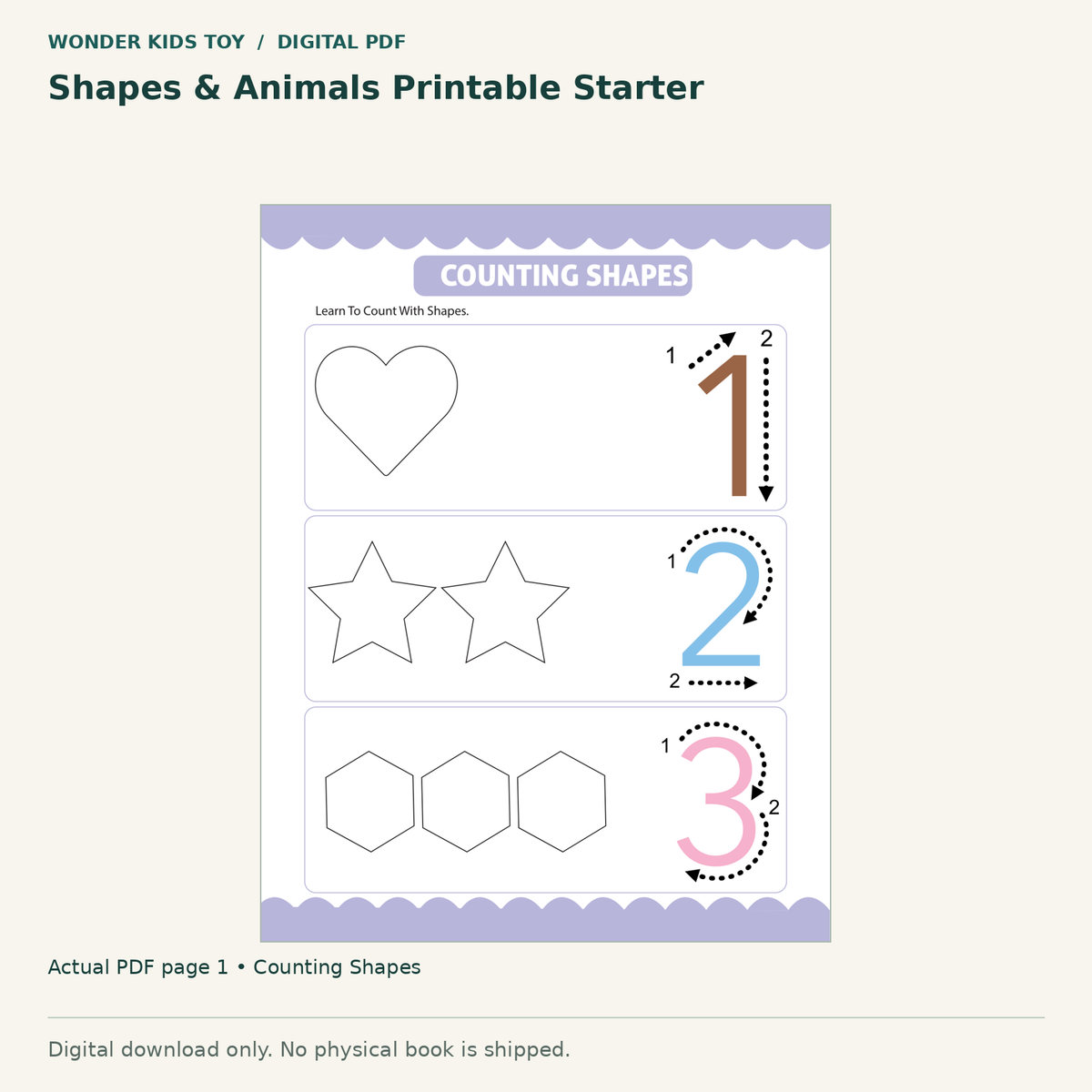 Shapes & Animals Printable Starter: actual page 1 from Counting Shapes. Digital only; no physical book.