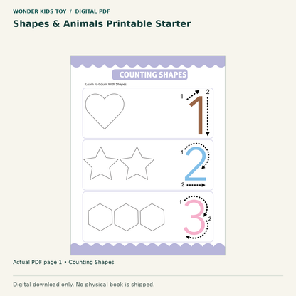 Shapes & Animals Printable Starter: actual page 1 from Counting Shapes. Digital only; no physical book.
