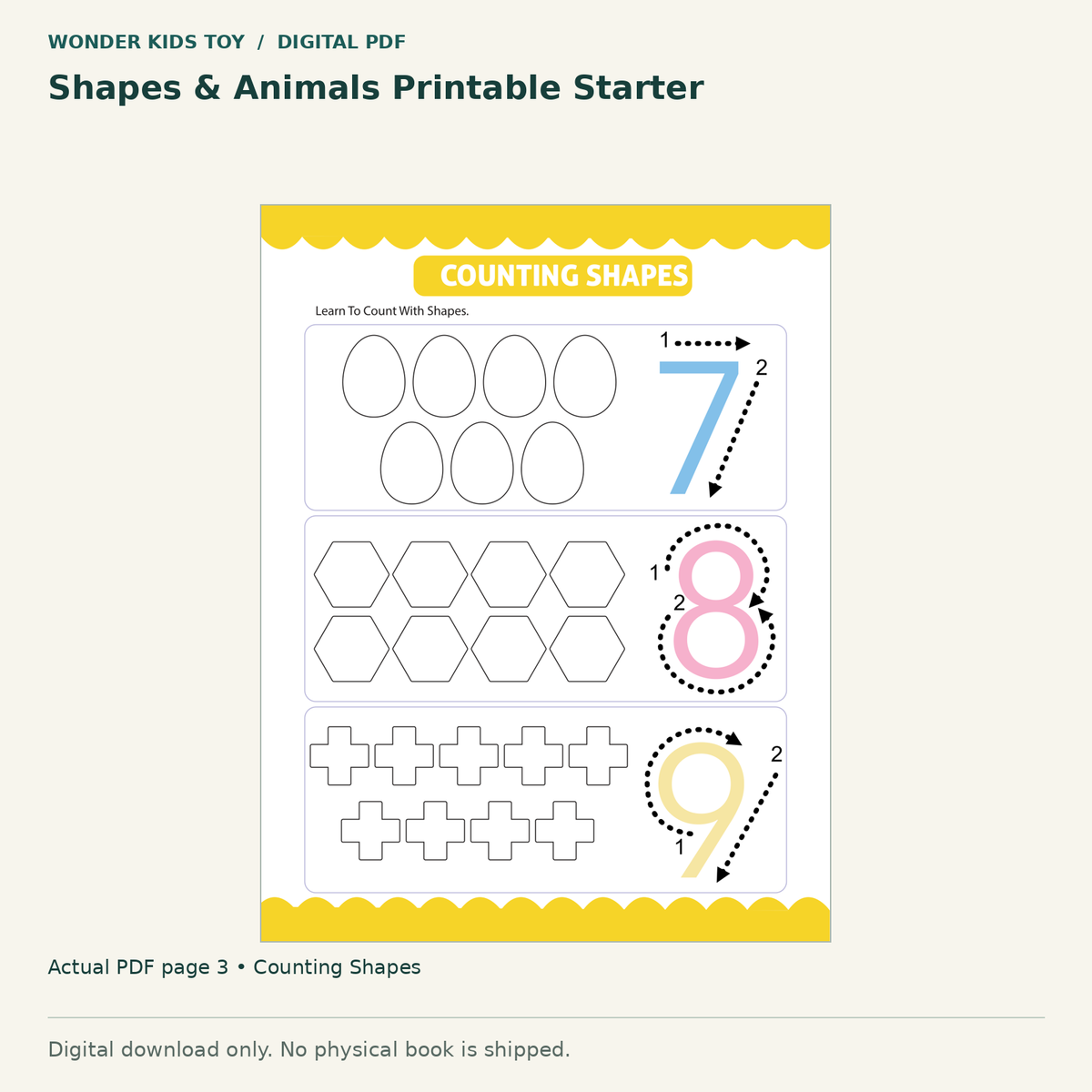 Shapes & Animals Printable Starter: actual page 3 from Counting Shapes. Digital only; no physical book.