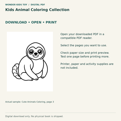 Kids Animal Coloring Collection: Download, open and print guidance with an actual PDF page preview. Digital only; no physical book.