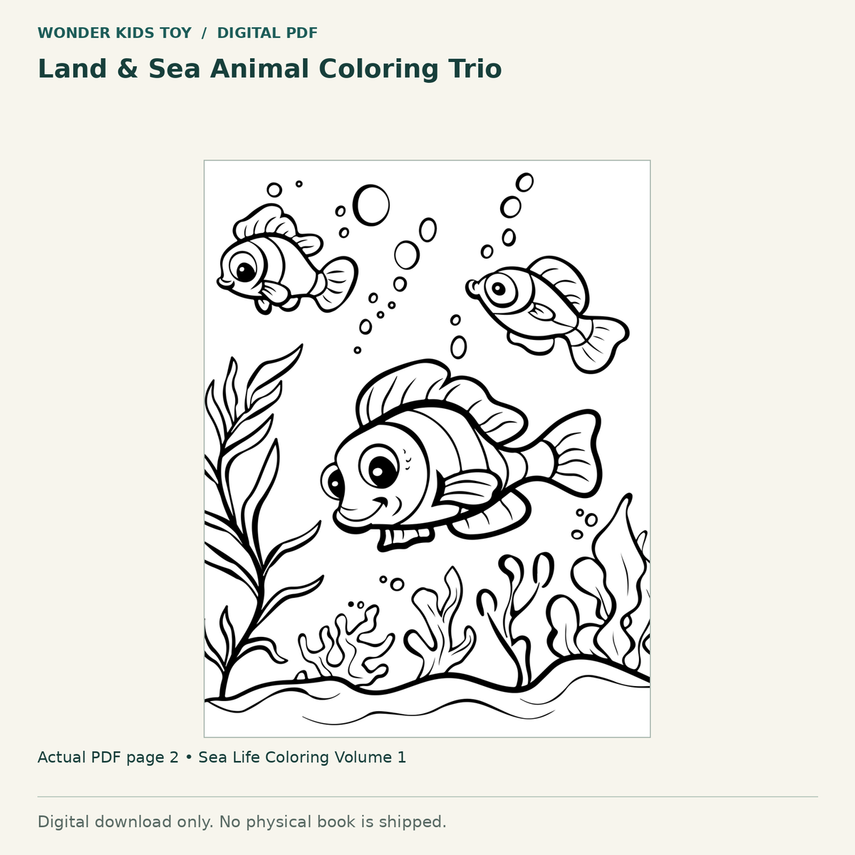 Land & Sea Animal Coloring Trio: actual page 2 from Sea Life Coloring Volume 1. Digital only; no physical book.