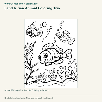 Land & Sea Animal Coloring Trio: actual page 2 from Sea Life Coloring Volume 1. Digital only; no physical book.