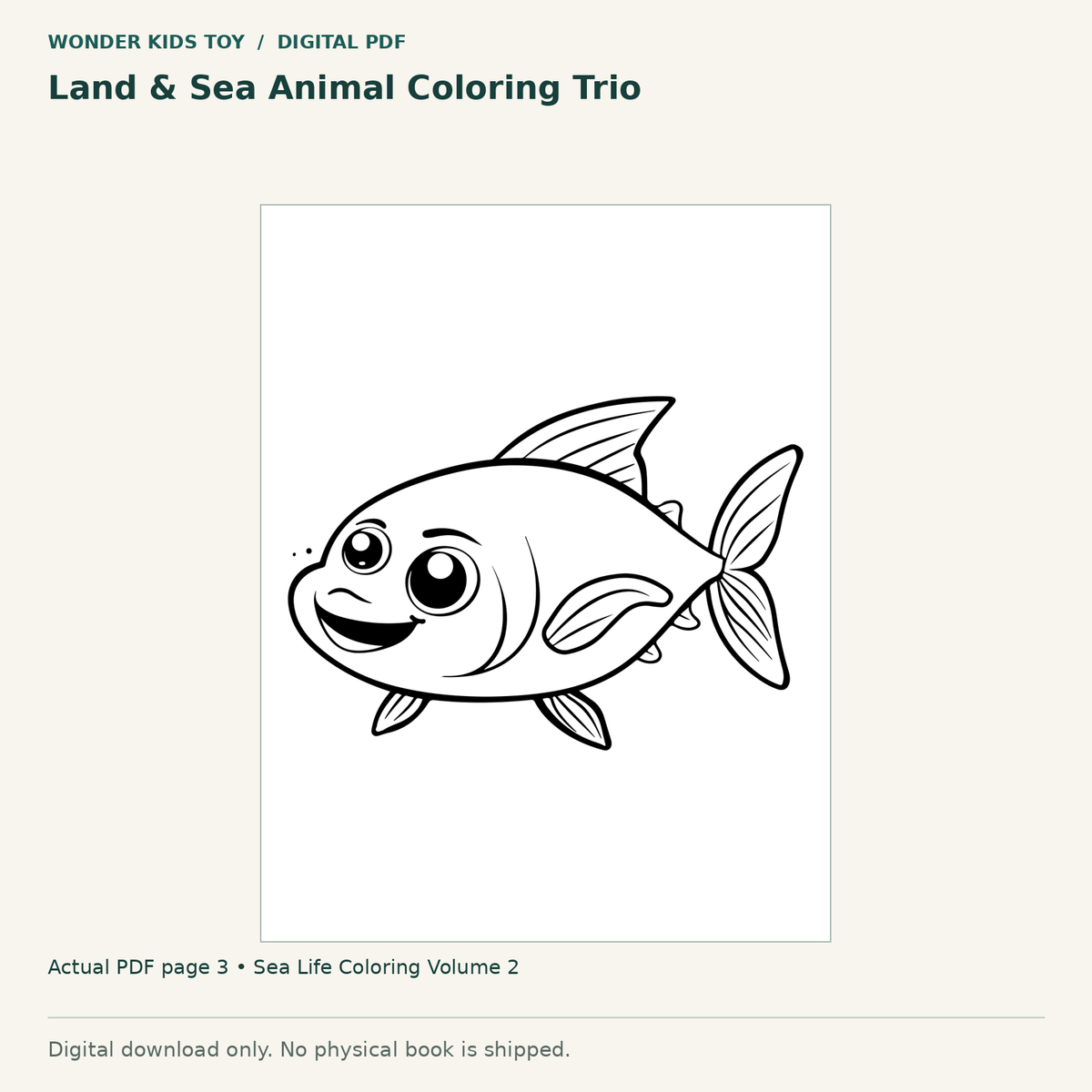 Land & Sea Animal Coloring Trio: actual page 3 from Sea Life Coloring Volume 2. Digital only; no physical book.
