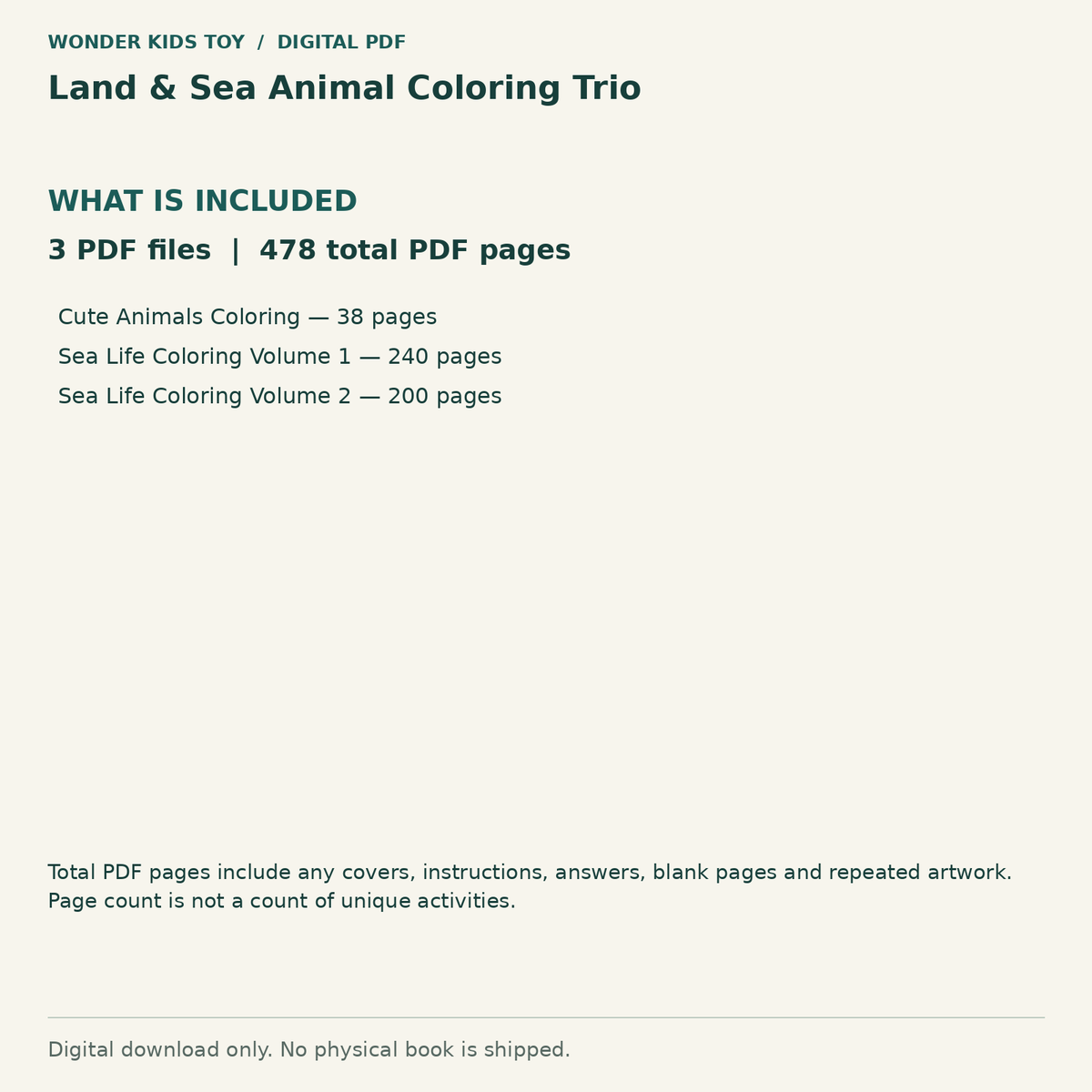 Land & Sea Animal Coloring Trio: Contents: 3 PDF files, 478 total PDF pages. Digital only; no physical book.