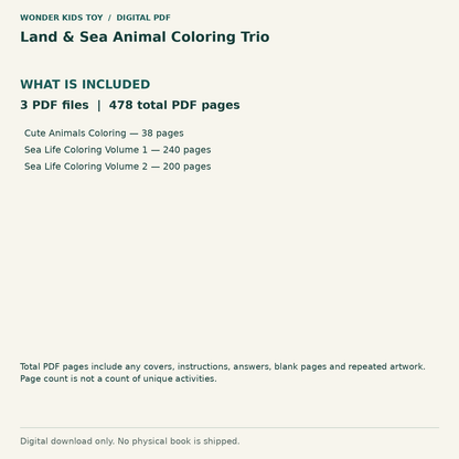 Land & Sea Animal Coloring Trio: Contents: 3 PDF files, 478 total PDF pages. Digital only; no physical book.