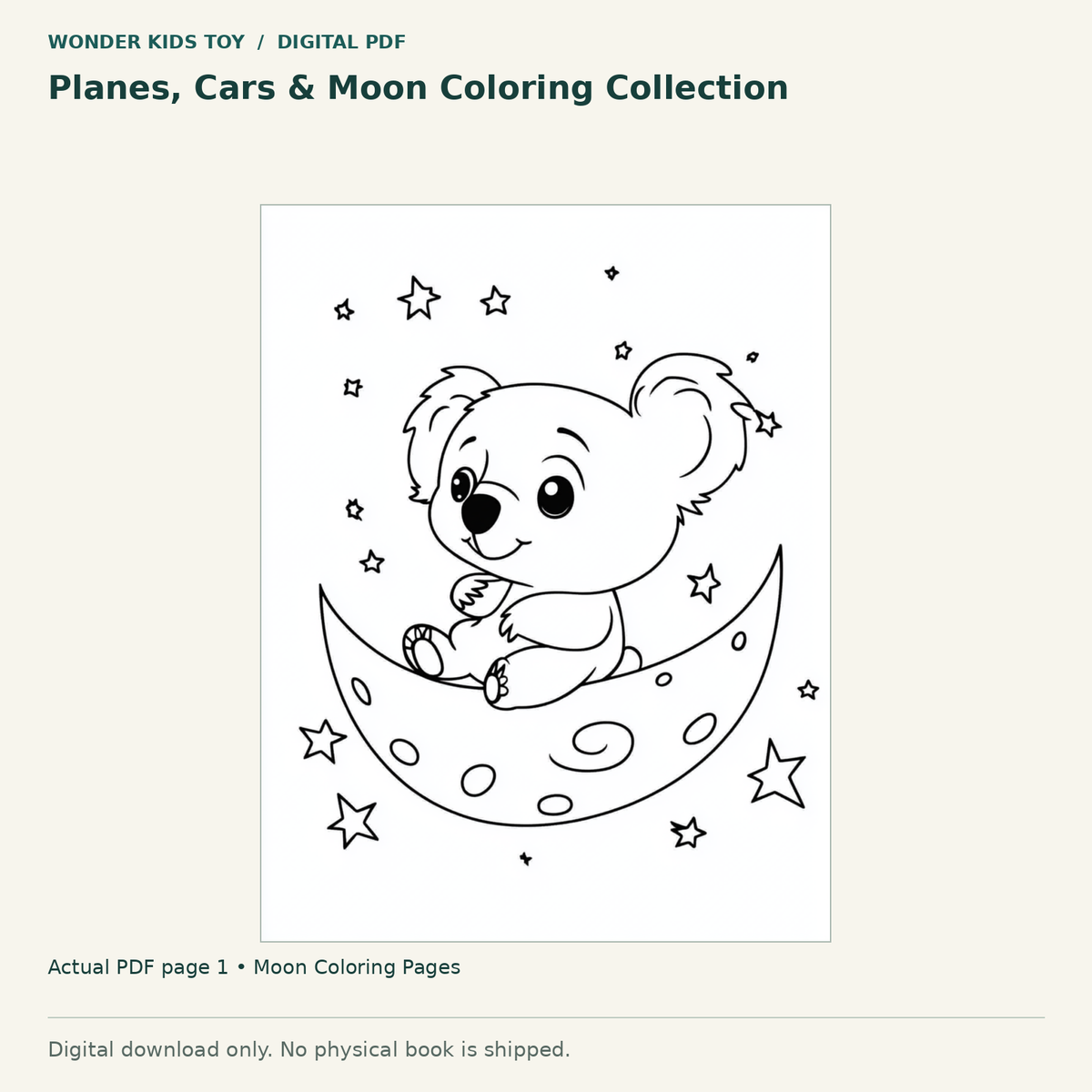 Planes, Cars & Moon Coloring Collection: actual page 1 from Moon Coloring Pages. Digital only; no physical book.