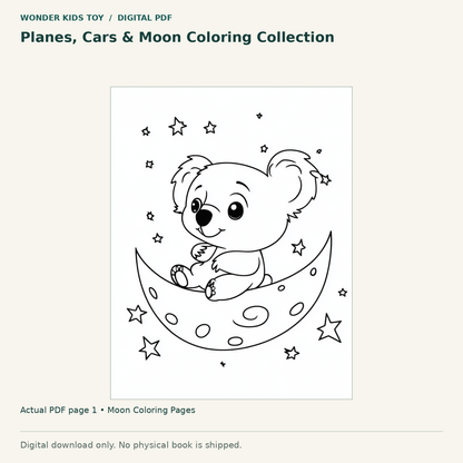 Planes, Cars & Moon Coloring Collection: actual page 1 from Moon Coloring Pages. Digital only; no physical book.