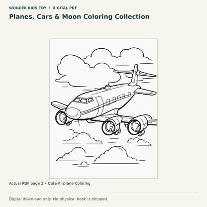 Planes, Cars & Moon Coloring Collection: actual page 2 from Cute Airplane Coloring. Digital only; no physical book.