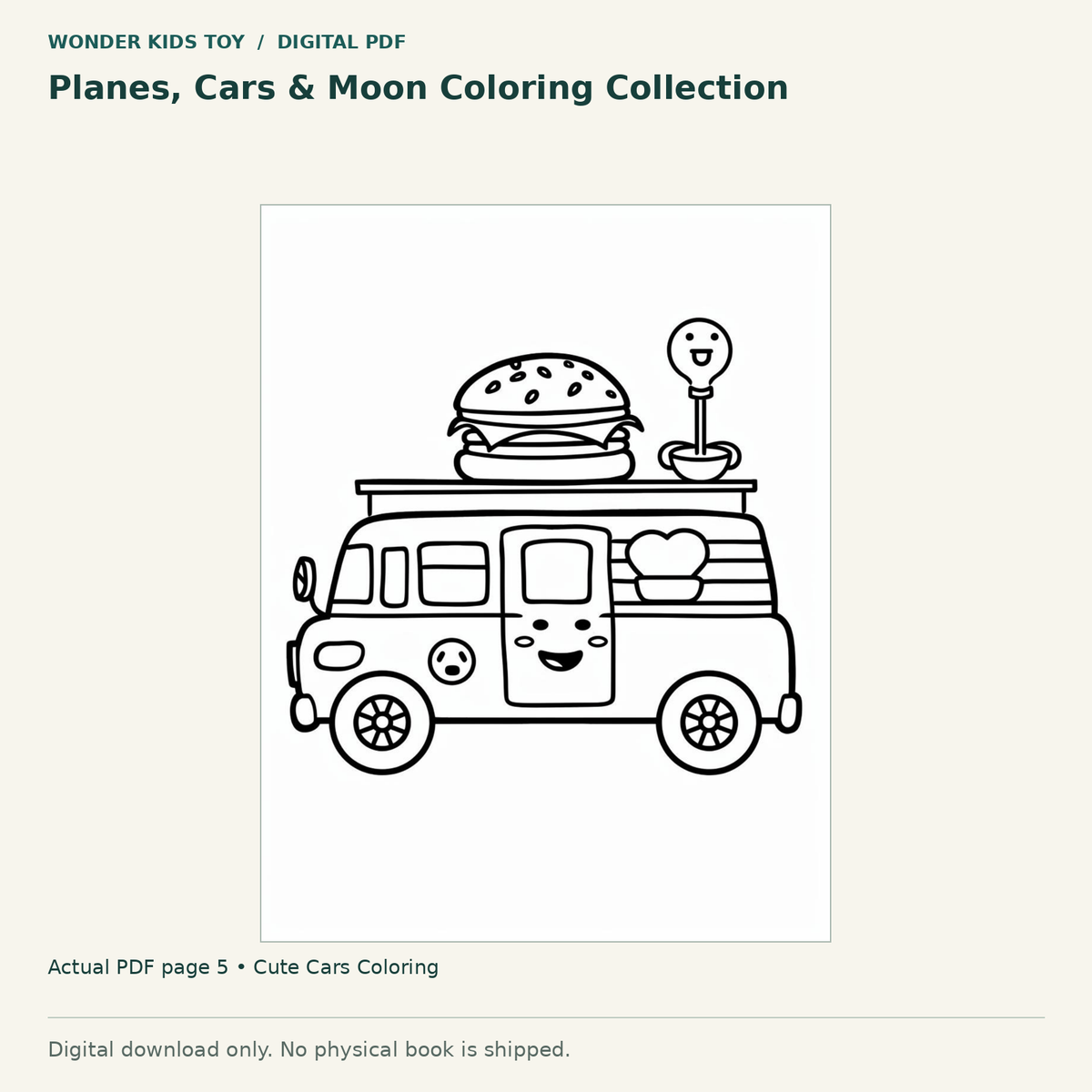 Planes, Cars & Moon Coloring Collection: actual page 5 from Cute Cars Coloring. Digital only; no physical book.