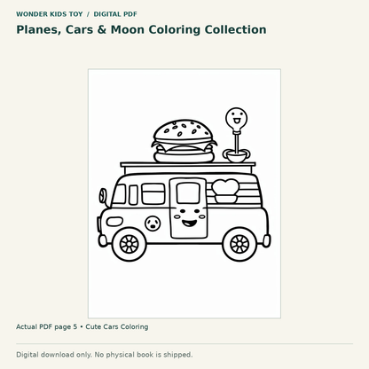 Planes, Cars & Moon Coloring Collection: actual page 5 from Cute Cars Coloring. Digital only; no physical book.