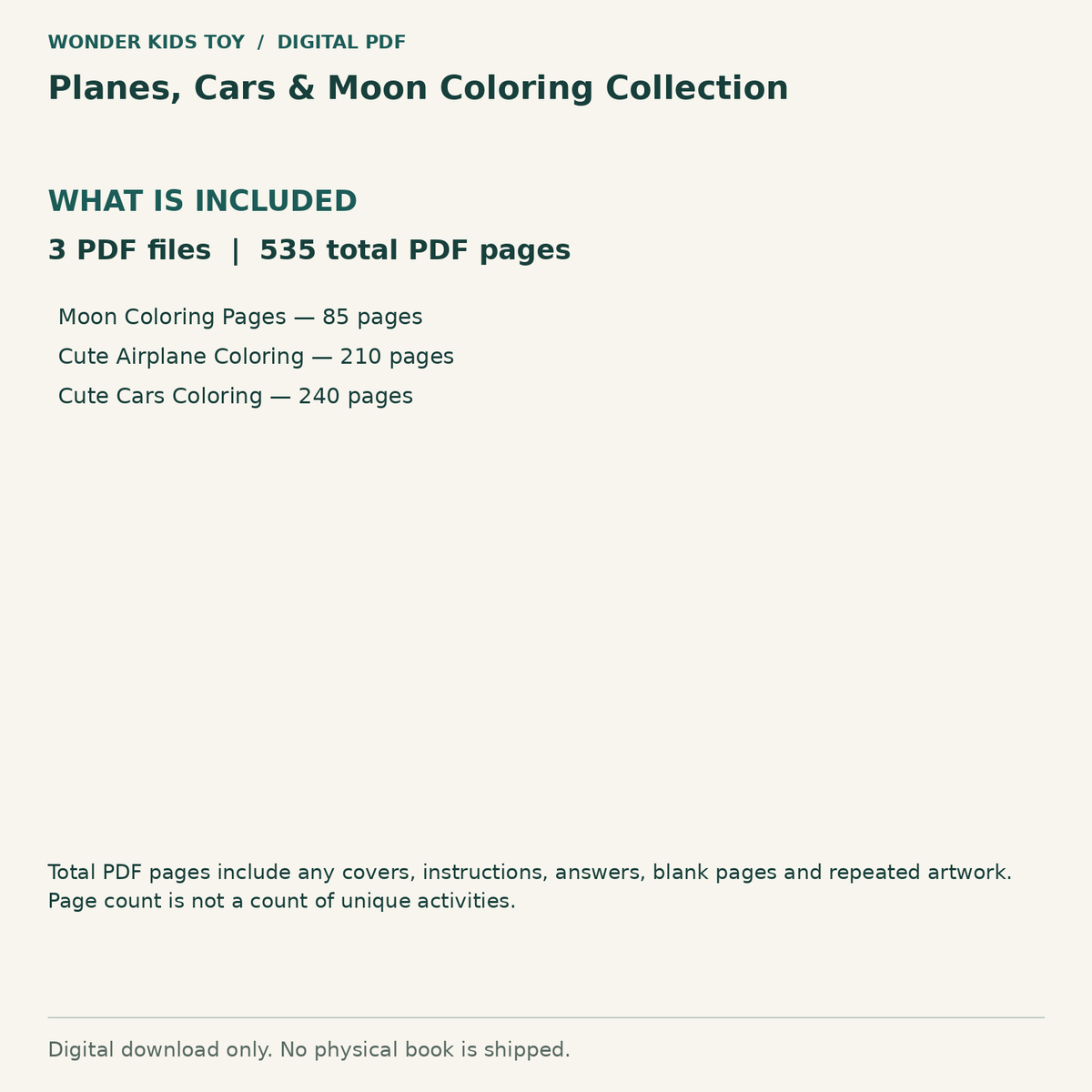 Planes, Cars & Moon Coloring Collection: Contents: 3 PDF files, 535 total PDF pages. Digital only; no physical book.