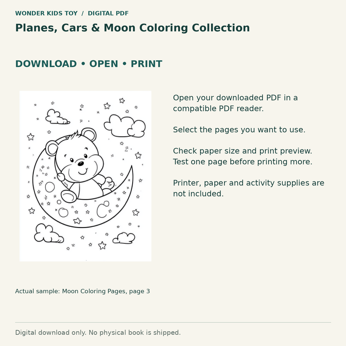 Planes, Cars & Moon Coloring Collection: Download, open and print guidance with an actual PDF page preview. Digital only; no physical book.