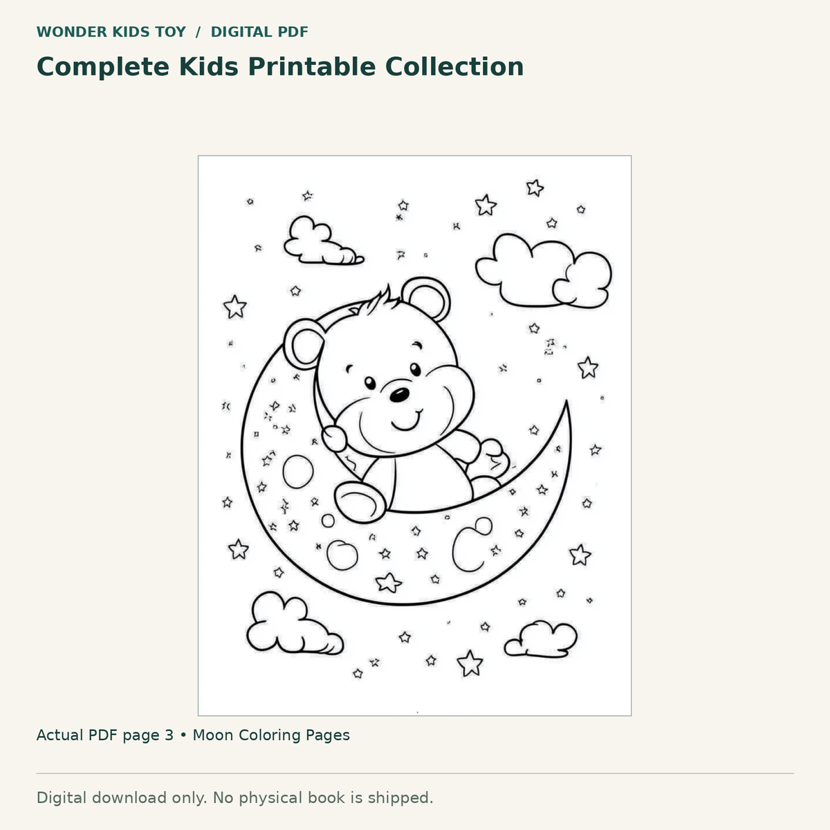 Complete Kids Printable Collection: actual page 3 from Moon Coloring Pages. Digital only; no physical book.