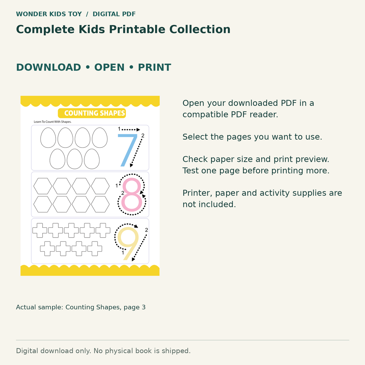 Complete Kids Printable Collection: Download, open and print guidance with an actual PDF page preview. Digital only; no physical book.