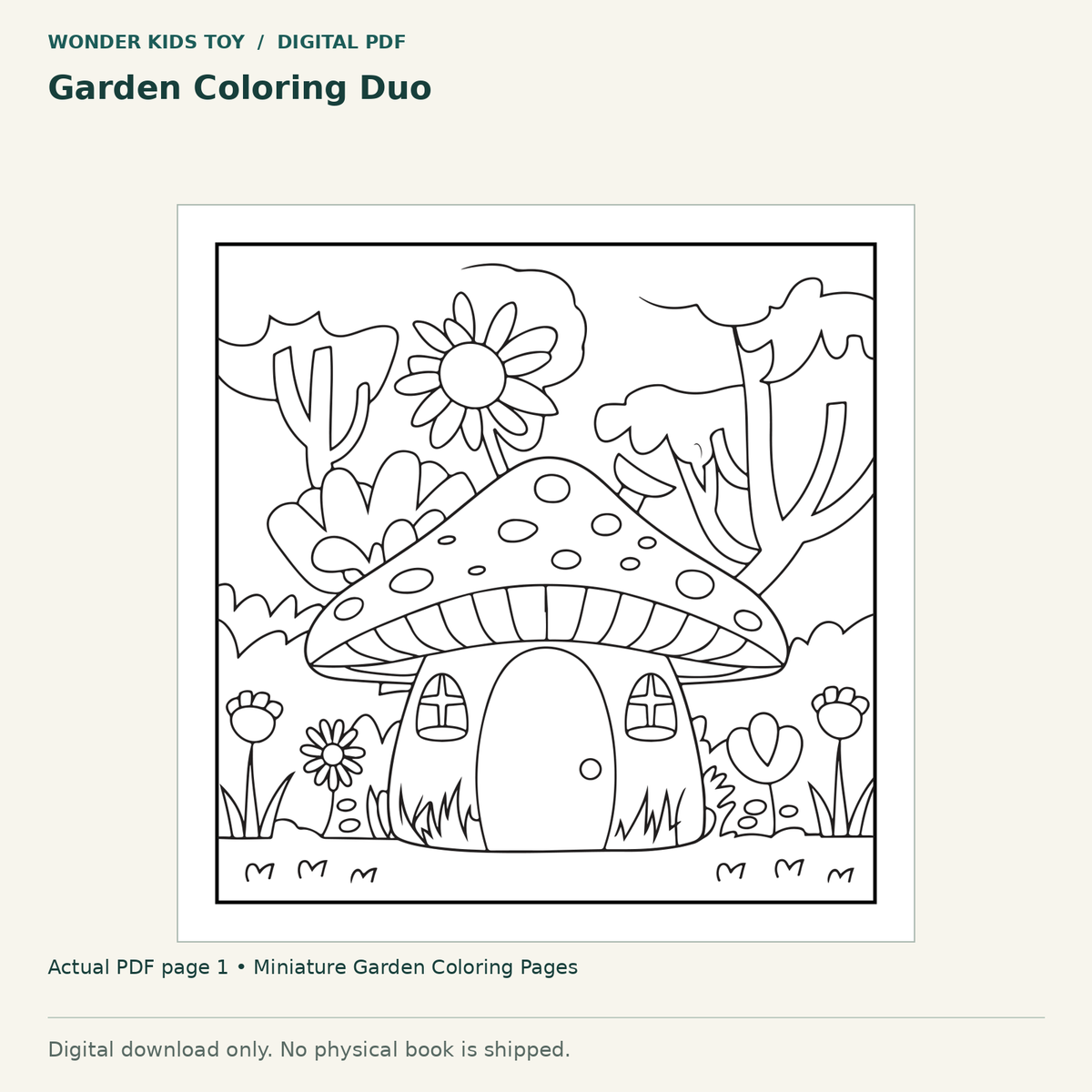 Garden Coloring Duo: actual page 1 from Miniature Garden Coloring Pages. Digital only; no physical book.