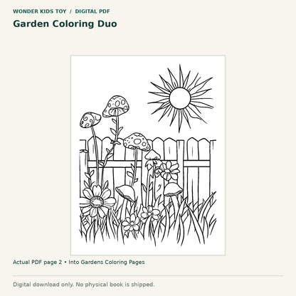 Garden Coloring Duo: actual page 2 from Into Gardens Coloring Pages. Digital only; no physical book.