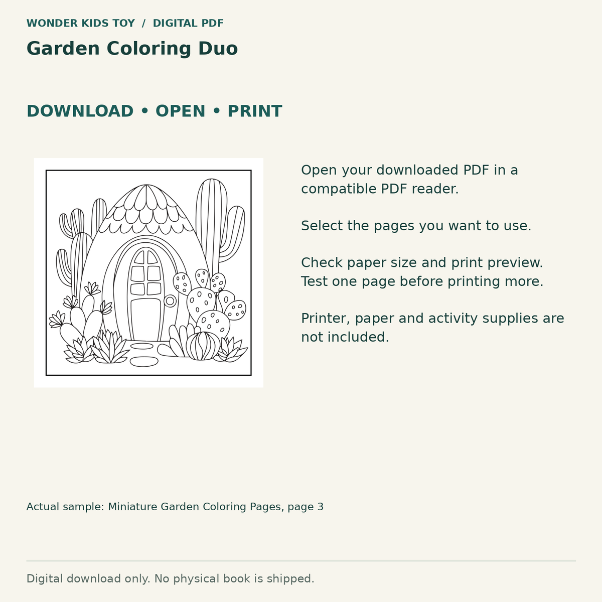 Garden Coloring Duo: Download, open and print guidance with an actual PDF page preview. Digital only; no physical book.
