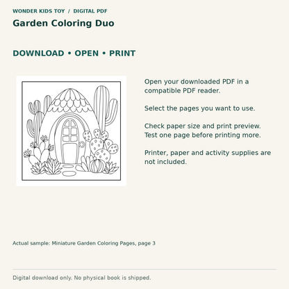 Garden Coloring Duo: Download, open and print guidance with an actual PDF page preview. Digital only; no physical book.