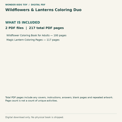 Wildflowers & Lanterns Coloring Duo: Contents: 2 PDF files, 217 total PDF pages. Digital only; no physical book.