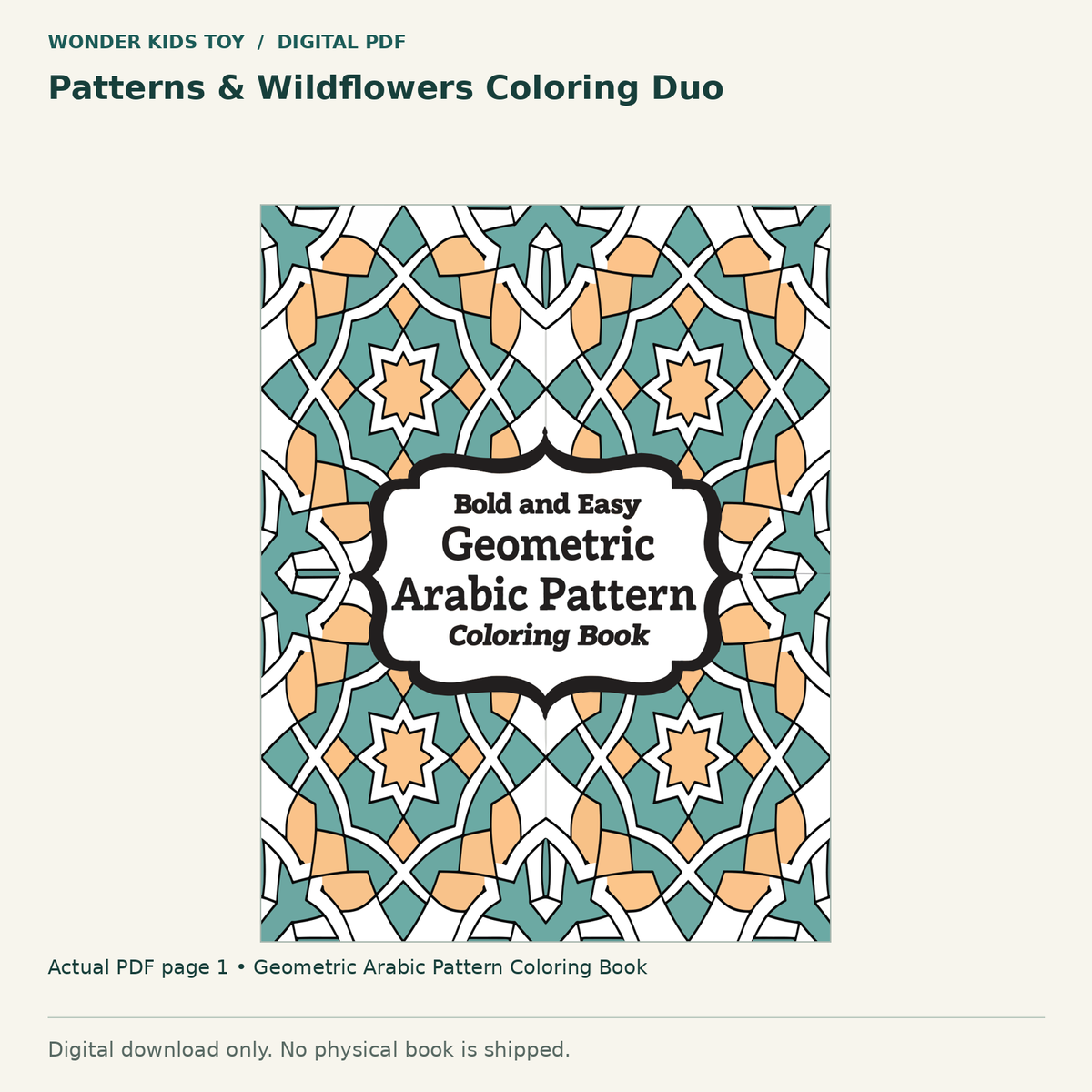 Patterns & Wildflowers Coloring Duo: actual page 1 from Geometric Arabic Pattern Coloring Book. Digital only; no physical book.