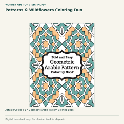 Patterns & Wildflowers Coloring Duo: actual page 1 from Geometric Arabic Pattern Coloring Book. Digital only; no physical book.