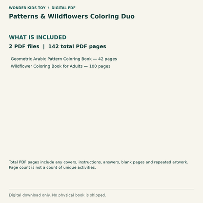 Patterns & Wildflowers Coloring Duo: Contents: 2 PDF files, 142 total PDF pages. Digital only; no physical book.