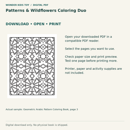 Patterns & Wildflowers Coloring Duo: Download, open and print guidance with an actual PDF page preview. Digital only; no physical book.