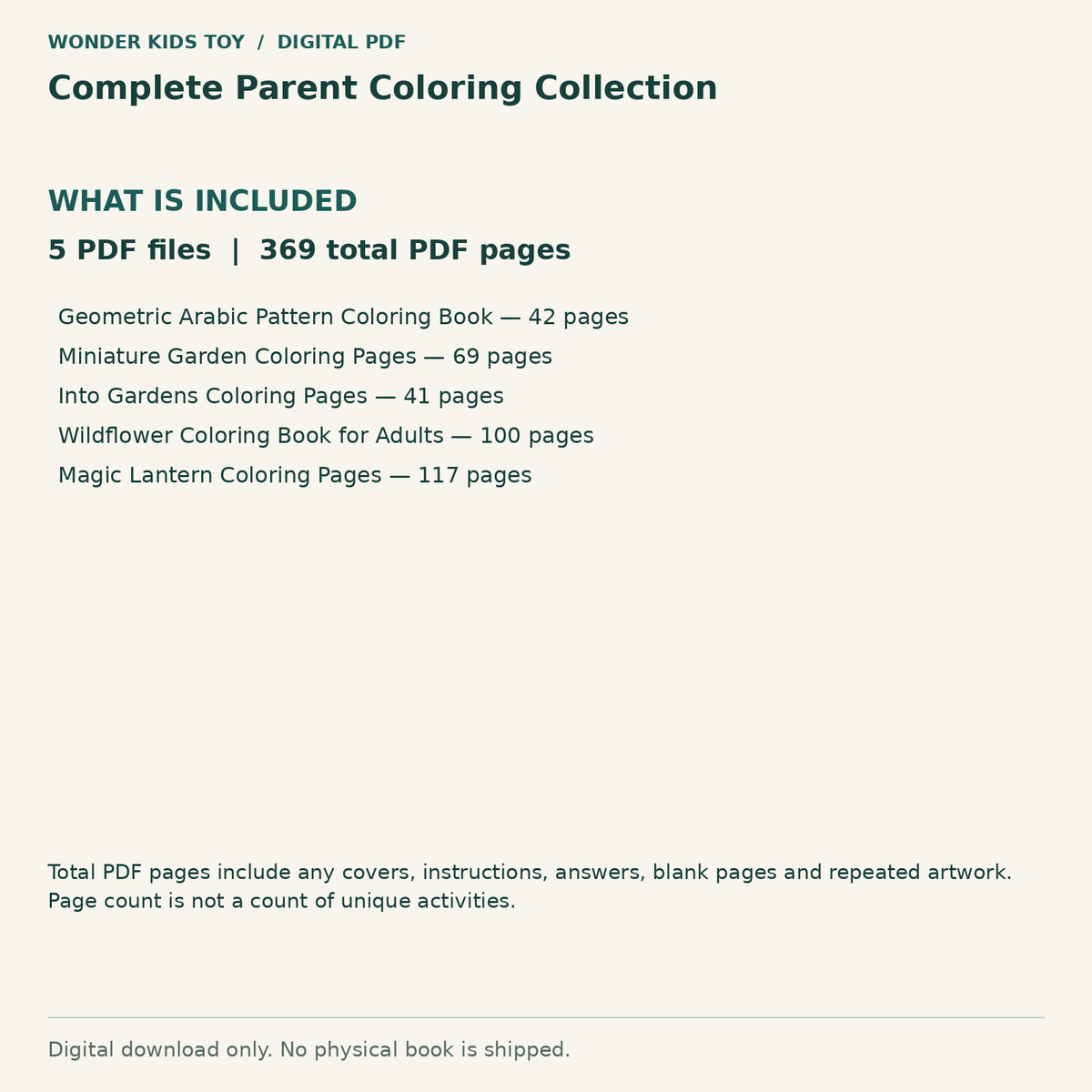 Complete Parent Coloring Collection: Contents: 5 PDF files, 369 total PDF pages. Digital only; no physical book.