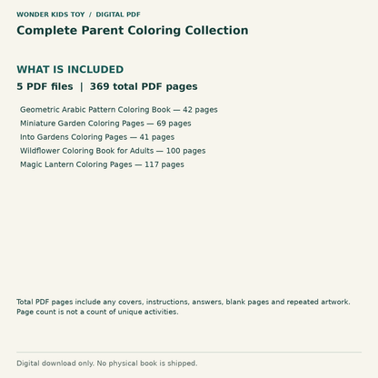 Complete Parent Coloring Collection: Contents: 5 PDF files, 369 total PDF pages. Digital only; no physical book.
