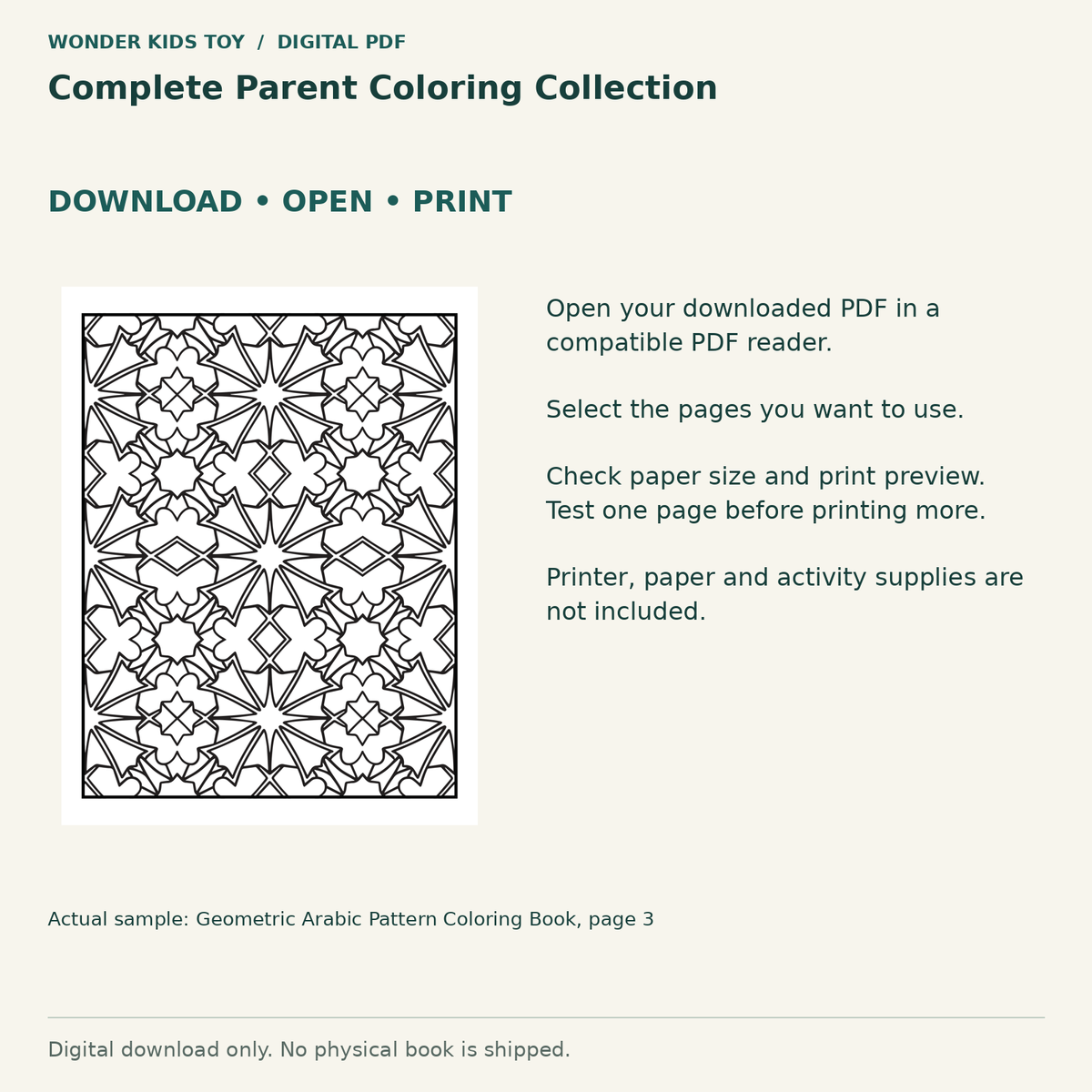Complete Parent Coloring Collection: Download, open and print guidance with an actual PDF page preview. Digital only; no physical book.