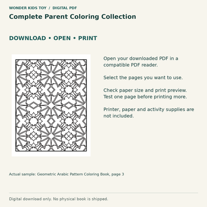 Complete Parent Coloring Collection: Download, open and print guidance with an actual PDF page preview. Digital only; no physical book.