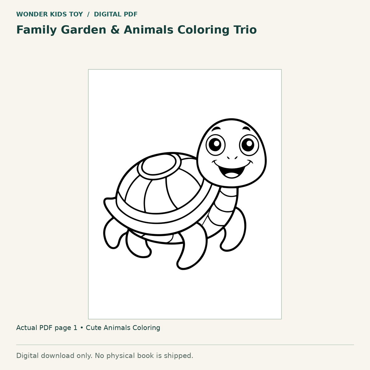 Family Garden & Animals Coloring Trio: actual page 1 from Cute Animals Coloring. Digital only; no physical book.